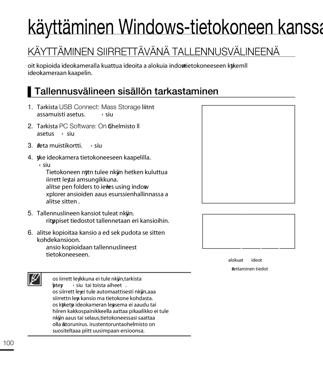 Samsung HMX-T10WP/EDC manual Käyttäminen Siirrettävänä Tallennusvälineenä, Tallennusvälineen sisällön tarkastaminen, 100 