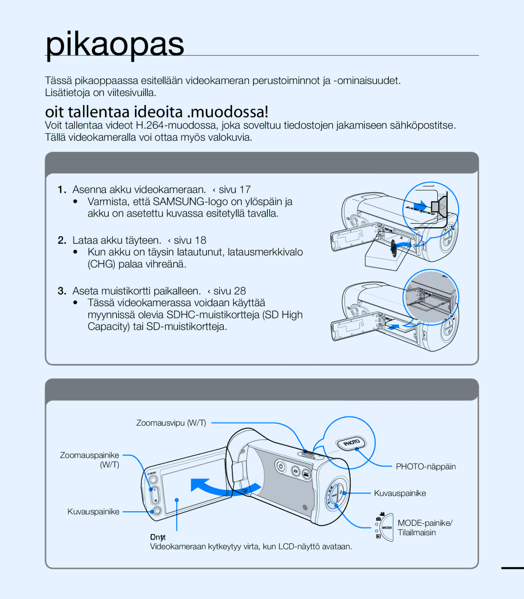 Samsung HMX-T10BP/EDC, HMX-T10WP/EDC manual Pikaopas, Voit tallentaa videoita H.264-muodossa 