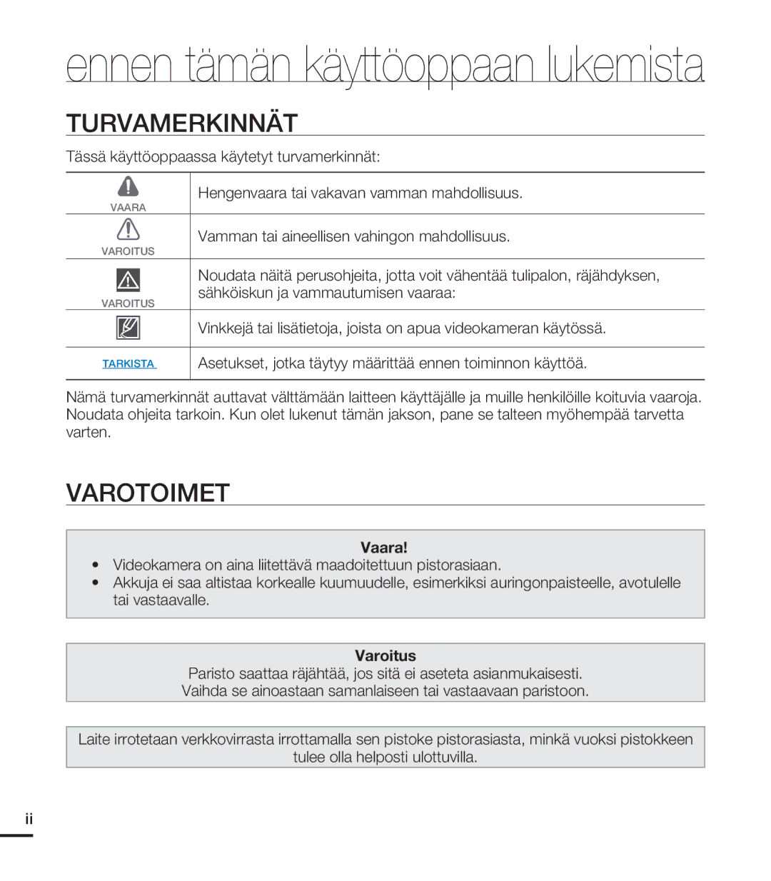 Samsung HMX-T10WP/EDC, HMX-T10BP/EDC manual Turvamerkinnät, Varotoimet, Tässä käyttöoppaassa käytetyt turvamerkinnät 