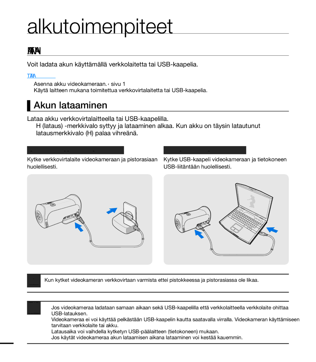 Samsung HMX-T10WP/EDC manual Akun Lataaminen, Akun lataaminen, Verkkovirtalaitteen käyttäminen USB-kaapelin käyttäminen 