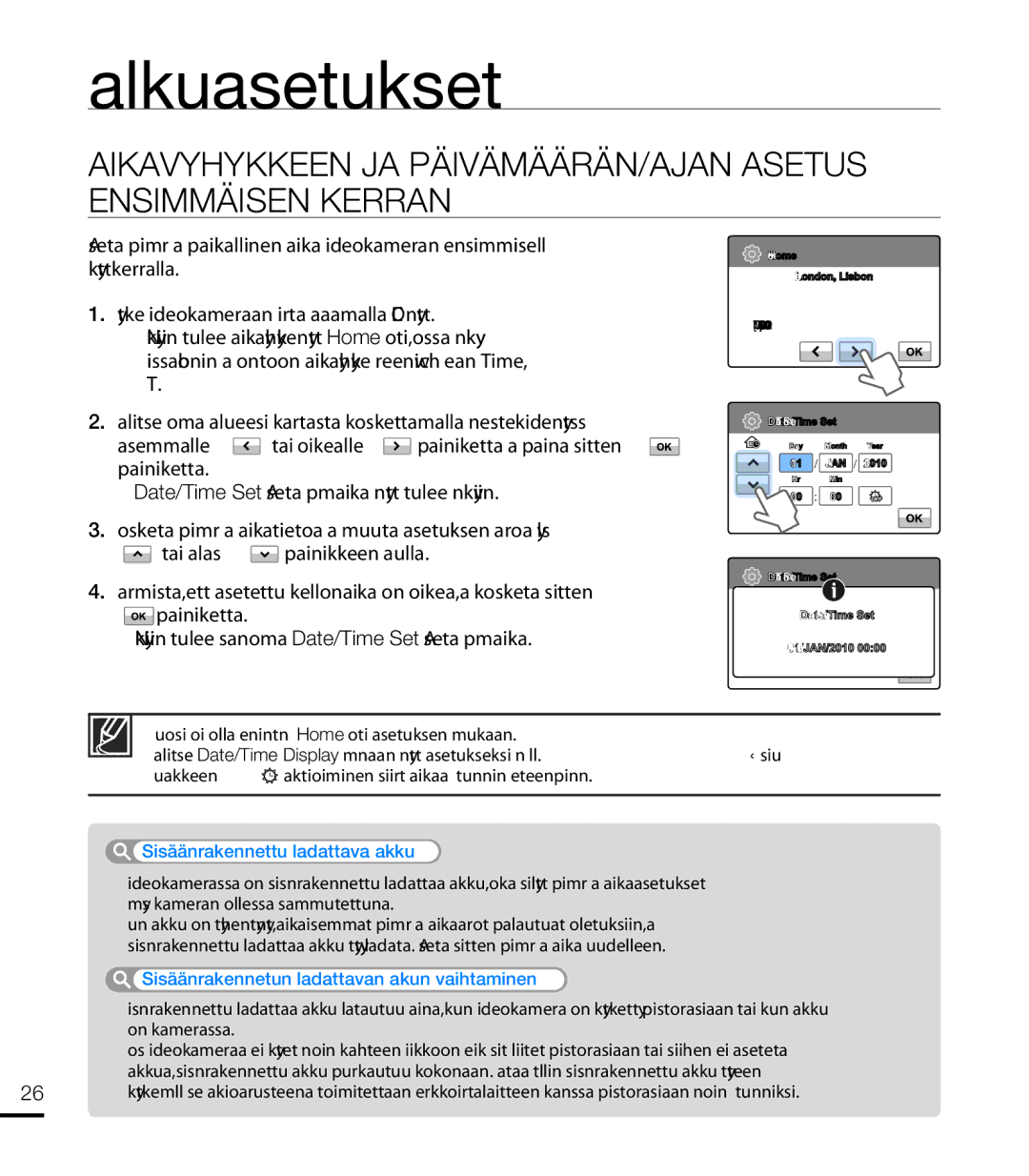 Samsung HMX-T10WP/EDC, HMX-T10BP/EDC manual Alkuasetukset, Aikavyöhykkeen JA PÄIVÄMÄÄRÄN/AJAN Asetus Ensimmäisen Kerran 