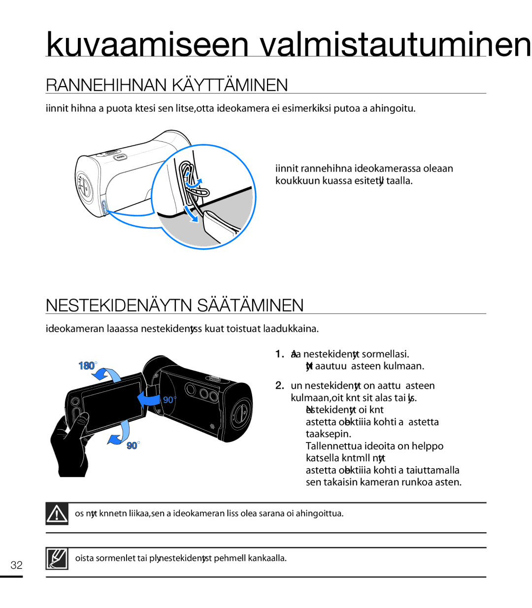 Samsung HMX-T10WP/EDC manual Rannehihnan Käyttäminen, Nestekidenäytön Säätäminen, Koukkuun kuvassa esitetyllä tavalla 