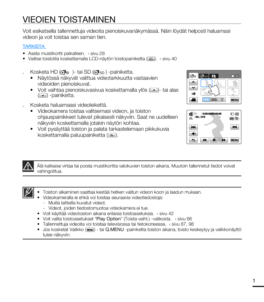 Samsung HMX-T10BP/EDC, HMX-T10WP/EDC manual Videoiden Toistaminen 