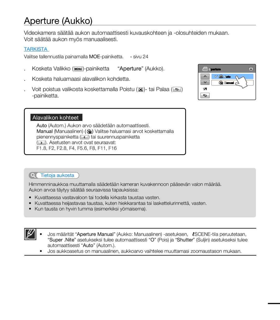 Samsung HMX-T10BP/EDC, HMX-T10WP/EDC manual Aperture Aukko, Tietoja aukosta 