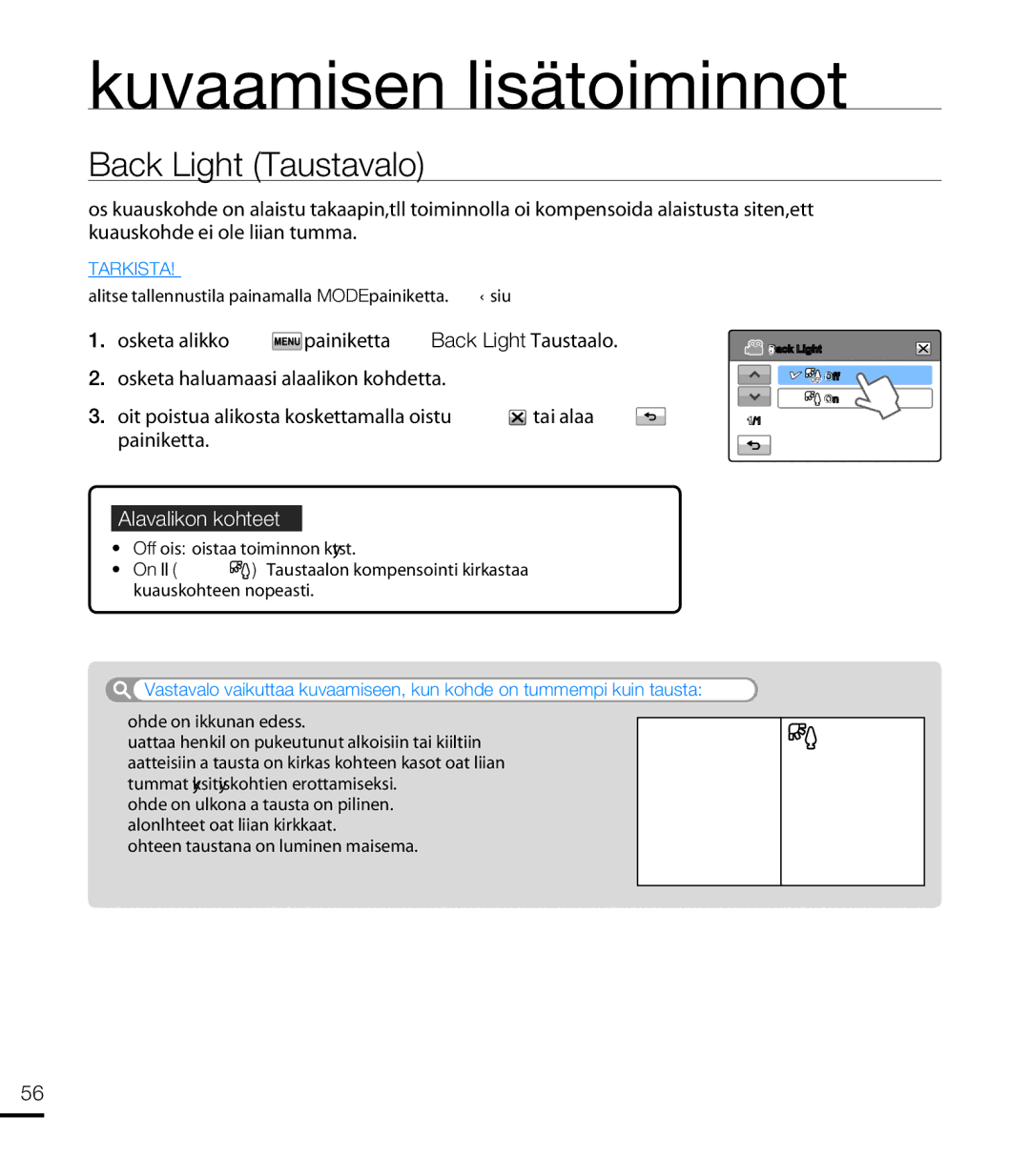 Samsung HMX-T10WP/EDC, HMX-T10BP/EDC manual Back Light Taustavalo, Kohde on ikkunan edessä 