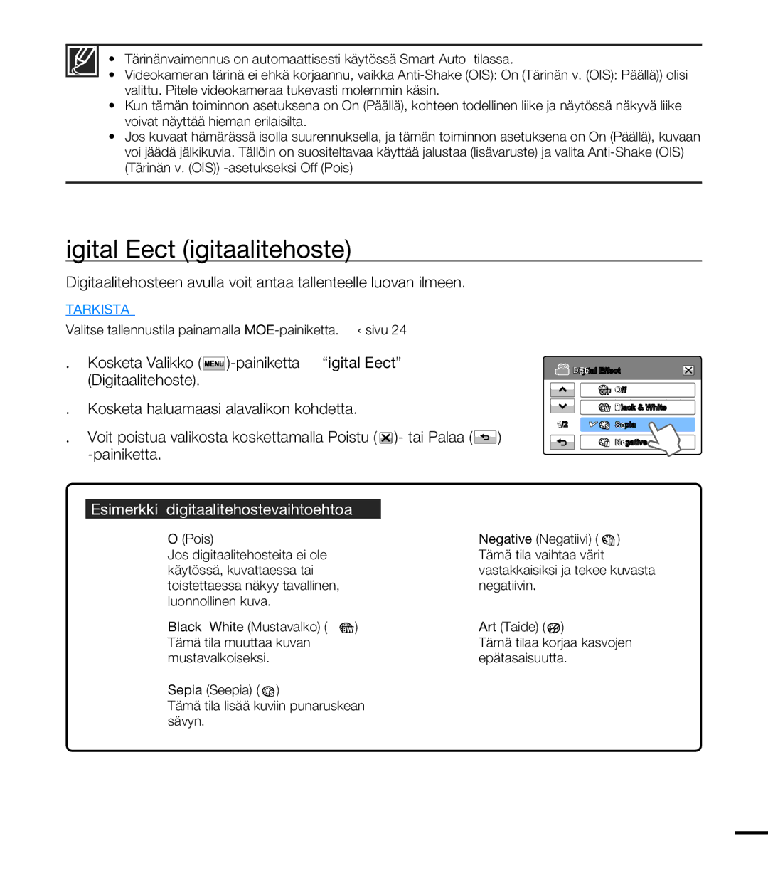 Samsung HMX-T10BP/EDC, HMX-T10WP/EDC Digital Effect Digitaalitehoste, Painiketta Esimerkki 5 digitaalitehostevaihtoehtoa 