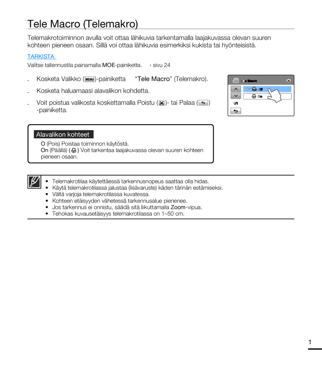 Samsung HMX-T10BP/EDC, HMX-T10WP/EDC manual Tele Macro Telemakro 