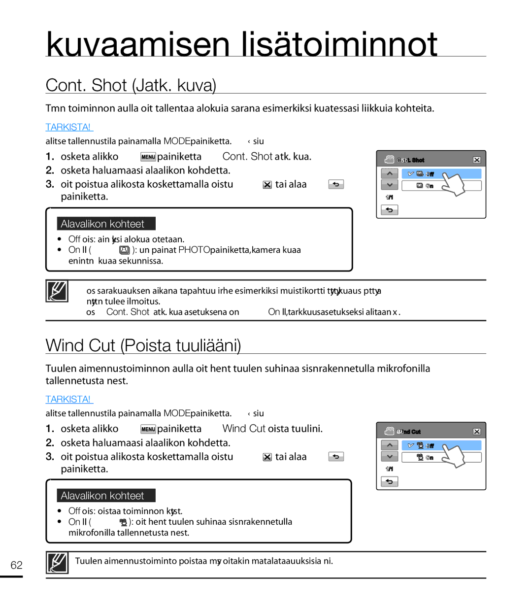 Samsung HMX-T10WP/EDC, HMX-T10BP/EDC manual Cont. Shot Jatk. kuva, Wind Cut Poista tuuliääni 