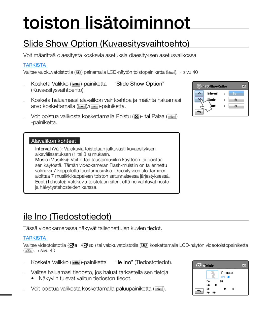 Samsung HMX-T10WP/EDC, HMX-T10BP/EDC manual Slide Show Option Kuvaesitysvaihtoehto, File Info Tiedostotiedot 