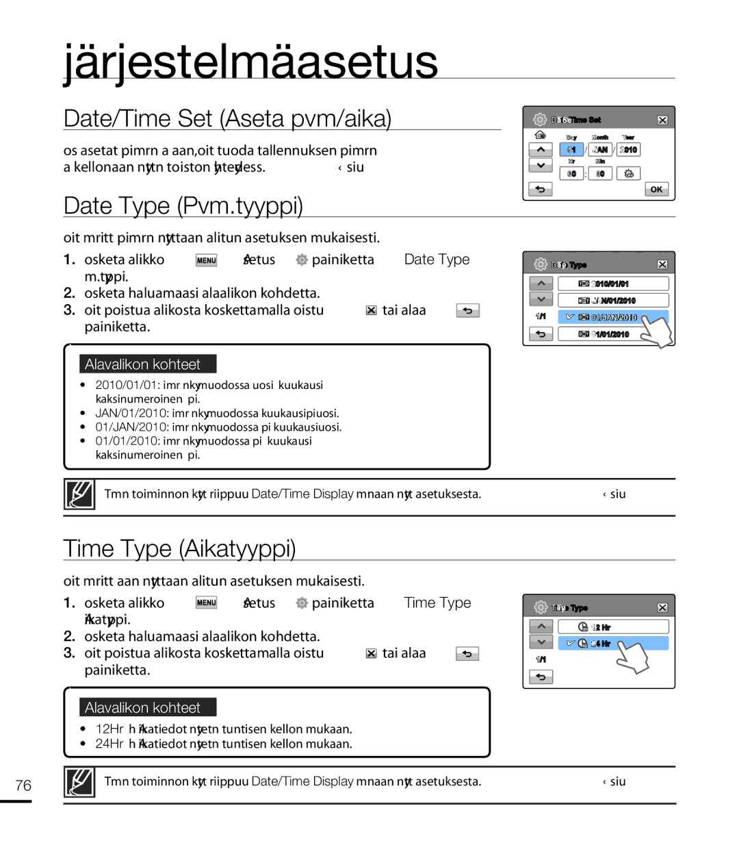 Samsung HMX-T10WP/EDC, HMX-T10BP/EDC manual Date/Time Set Aseta pvm/aika, Date Type Pvm.tyyppi, Time Type Aikatyyppi 