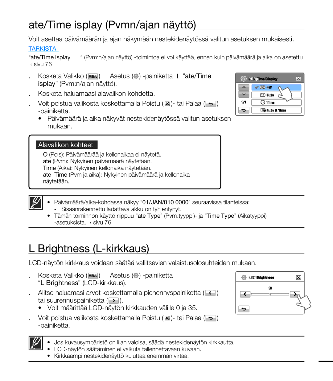 Samsung HMX-T10BP/EDC, HMX-T10WP/EDC manual Date/Time Display Pvmn/ajan näyttö, LCD Brightness LCD-kirkkaus 