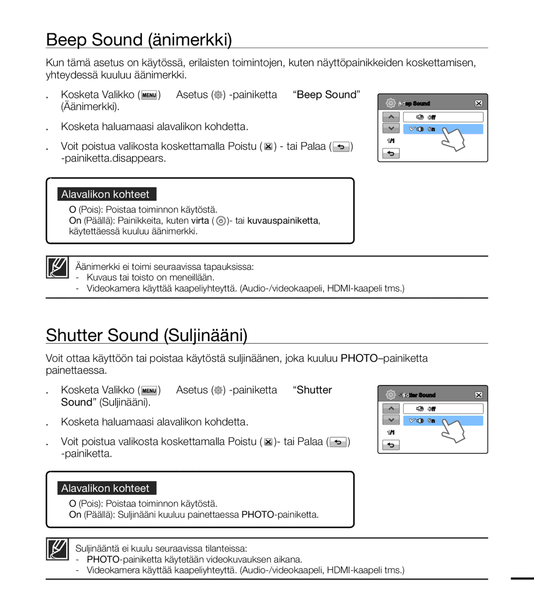 Samsung HMX-T10BP/EDC, HMX-T10WP/EDC manual Beep Sound Äänimerkki, Shutter Sound Suljinääni 