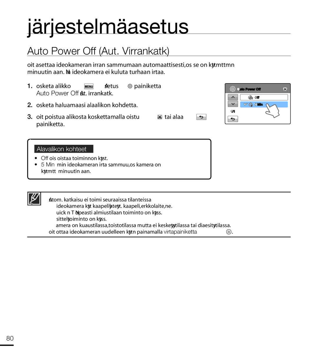 Samsung HMX-T10WP/EDC, HMX-T10BP/EDC manual Auto Power Off Aut. Virrankatk 