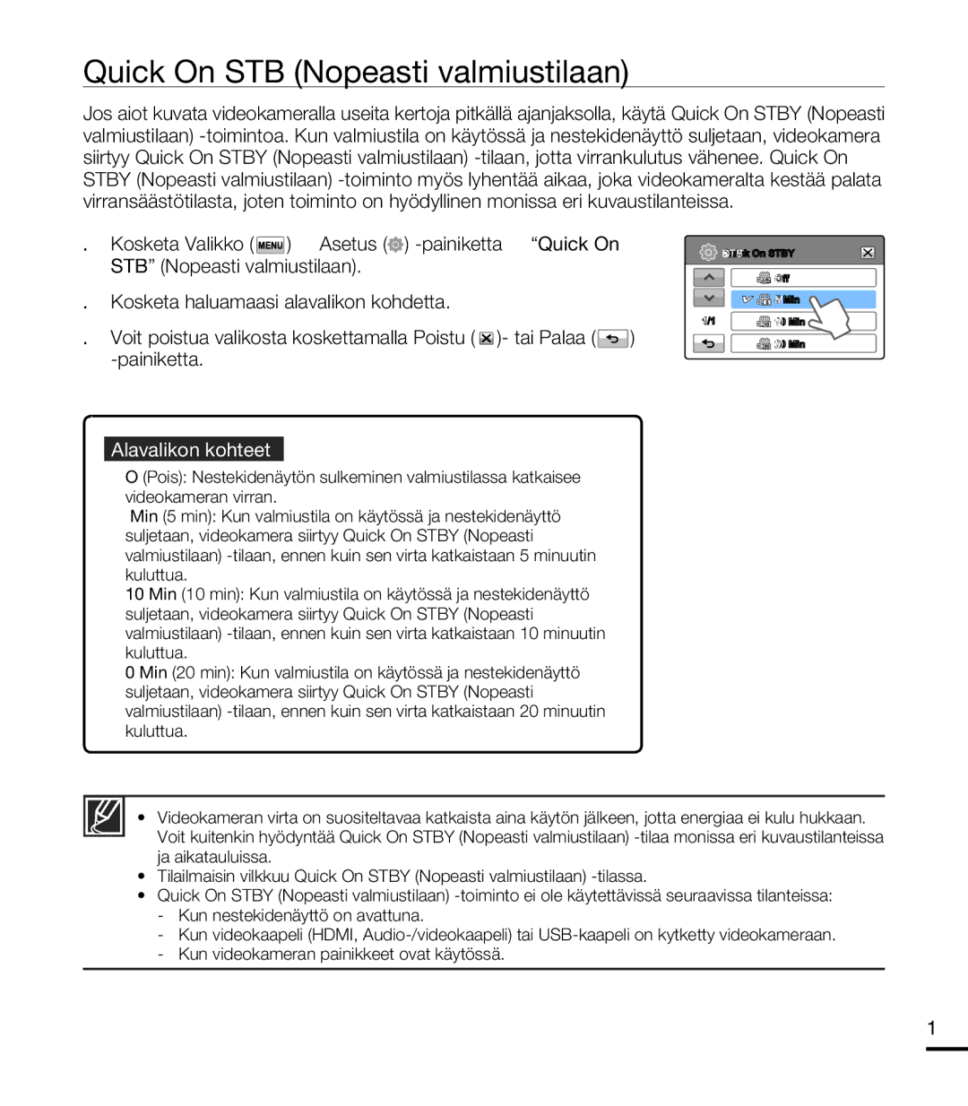 Samsung HMX-T10BP/EDC, HMX-T10WP/EDC manual Quick On Stby Nopeasti valmiustilaan 