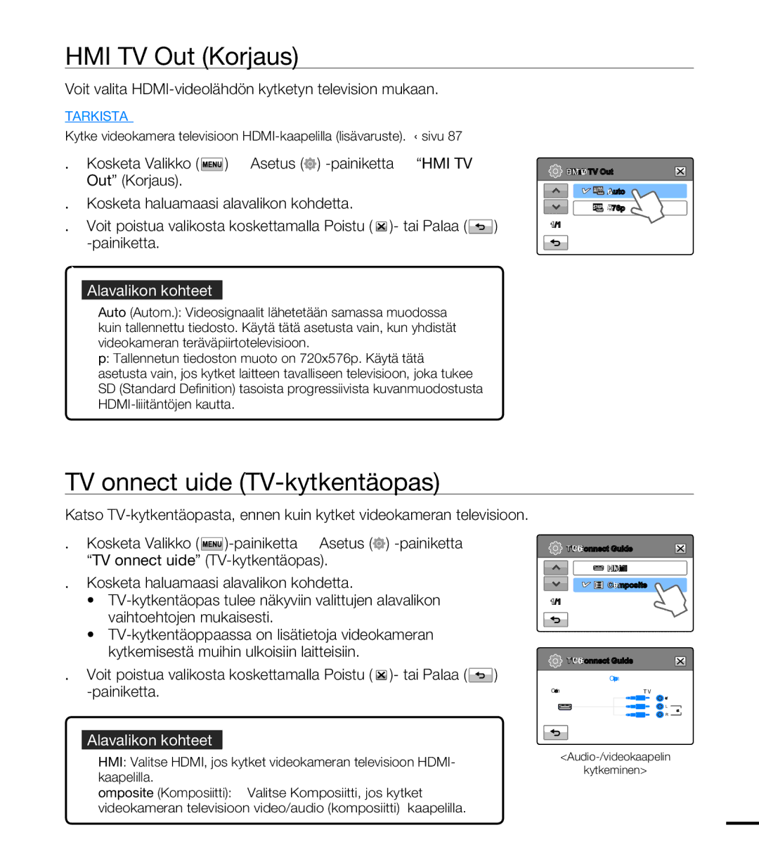 Samsung HMX-T10BP/EDC, HMX-T10WP/EDC manual Hdmi TV Out Korjaus, TV Connect Guide TV-kytkentäopas 