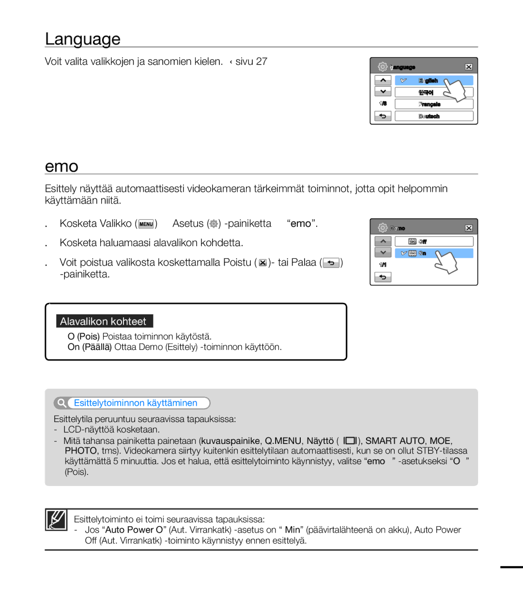 Samsung HMX-T10BP/EDC Language, Demo, Voit valita valikkojen ja sanomien kielen. sivu, Esittelytoiminnon käyttäminen 