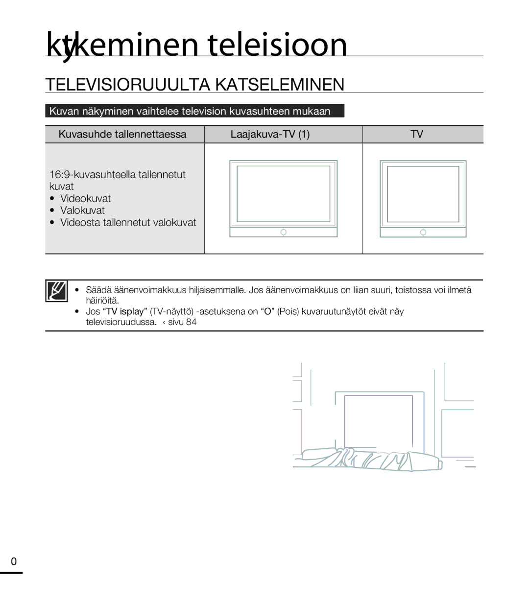 Samsung HMX-T10WP/EDC manual Televisioruudulta Katseleminen, Kuvan näkyminen vaihtelee television kuvasuhteen mukaan, 43 TV 