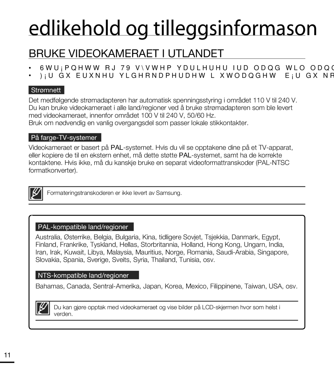 Samsung HMX-T10WP/EDC manual Bruke Videokameraet I Utlandet, Strømnett, På farge-TV-systemer, PAL-kompatible land/regioner 