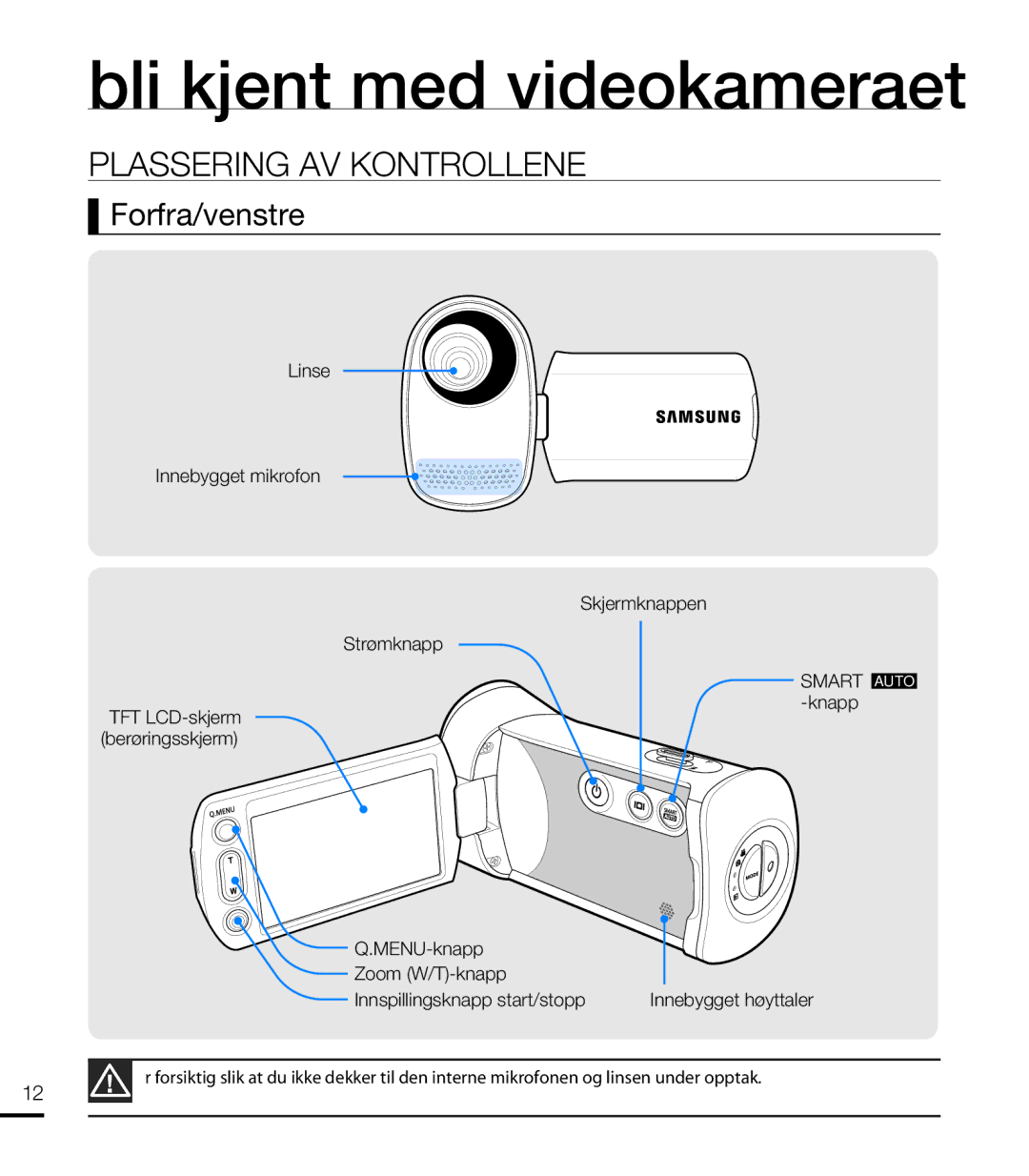 Samsung HMX-T10WP/EDC, HMX-T10BP/EDC manual Plassering AV Kontrollene, Forfra/venstre, Innebygget høyttaler 