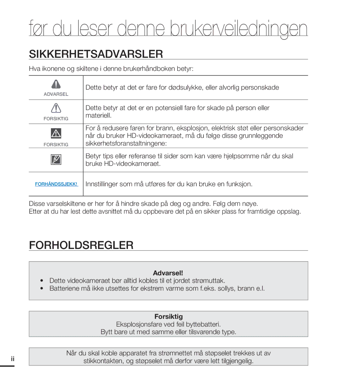 Samsung HMX-T10WP/EDC, HMX-T10BP/EDC manual Sikkerhetsadvarsler, Forholdsregler 