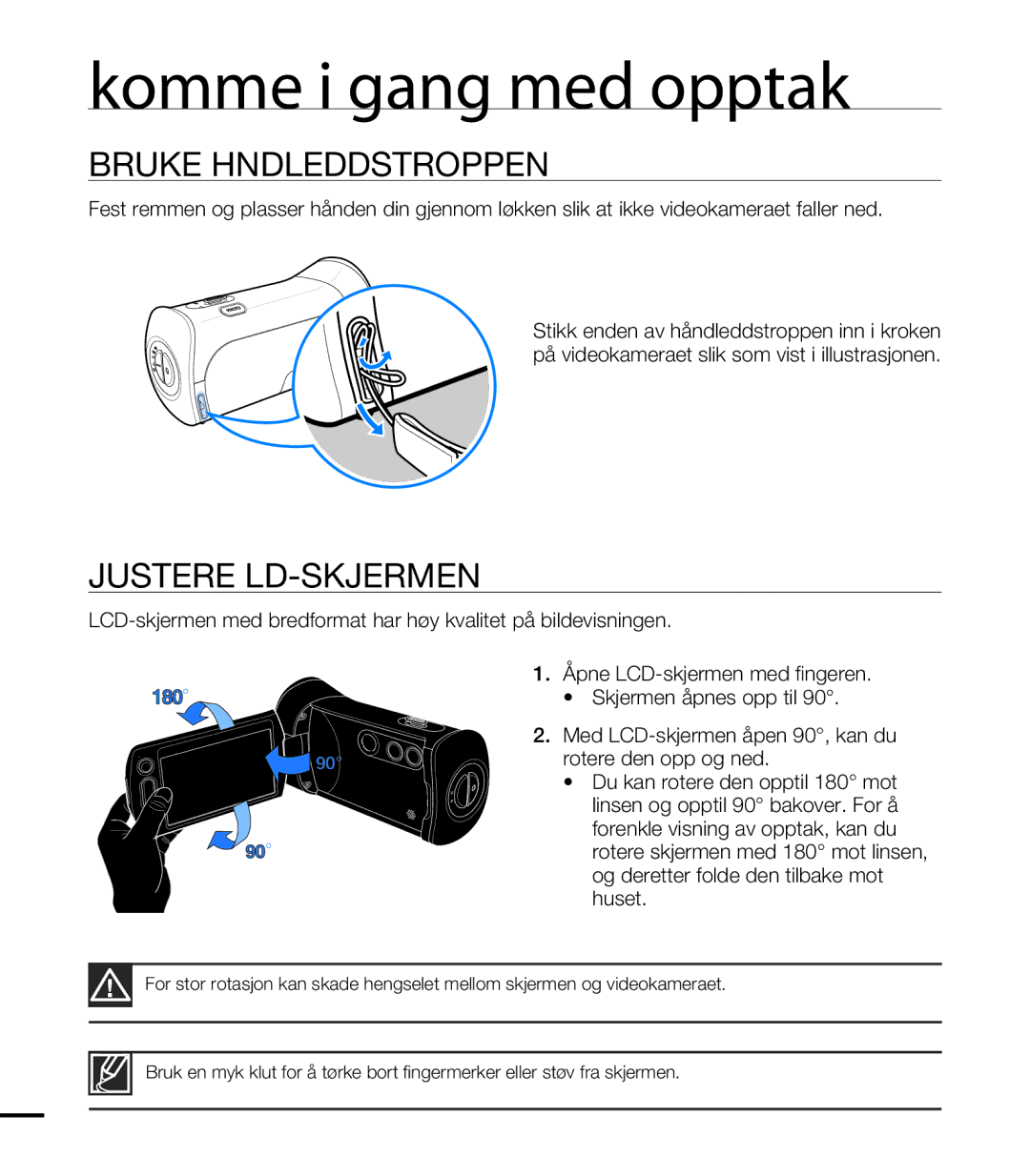 Samsung HMX-T10WP/EDC manual Bruke Håndleddstroppen, Justere LCD-SKJERMEN, Stikk enden av håndleddstroppen inn i kroken 