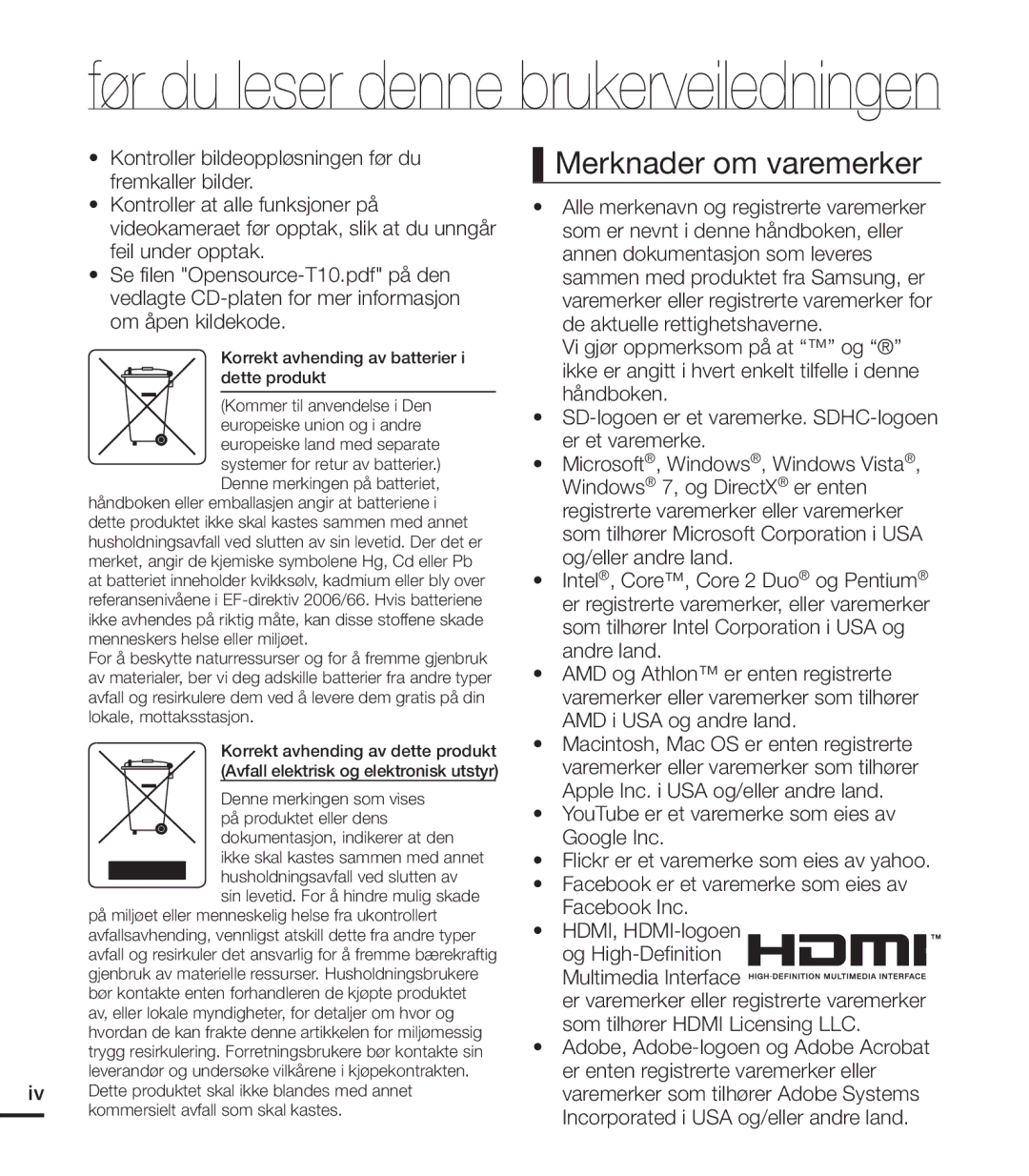 Samsung HMX-T10WP/EDC, HMX-T10BP/EDC manual Merknader om varemerker, Korrekt avhending av batterier i dette produkt 