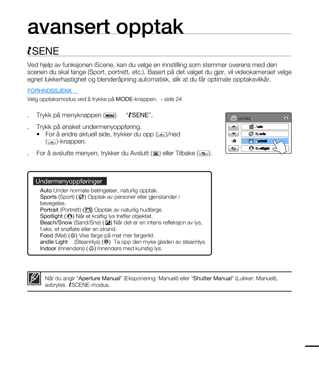 Samsung HMX-T10BP/EDC, HMX-T10WP/EDC manual Avansert opptak, Scene, Undermenyoppføringer 