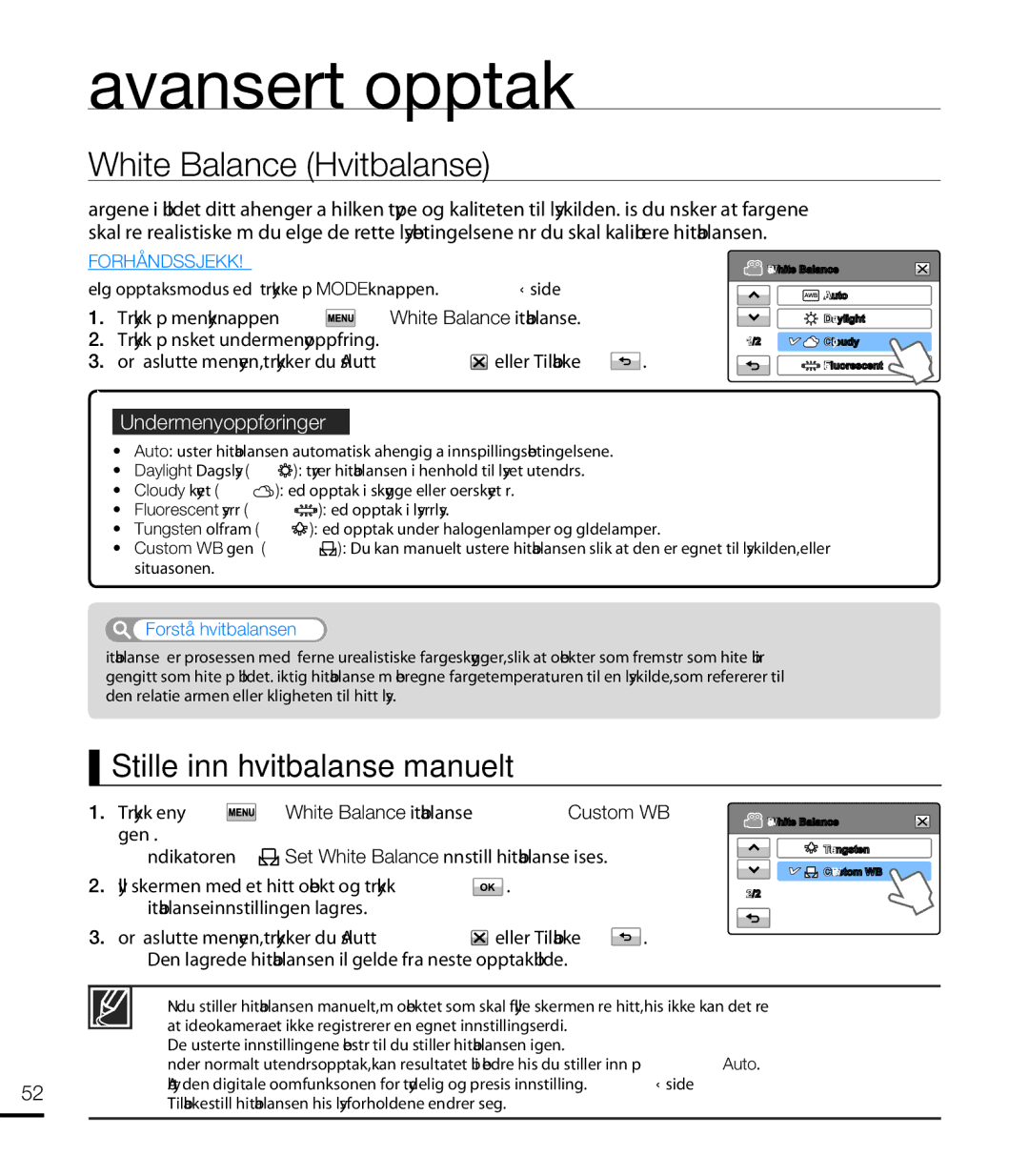 Samsung HMX-T10WP/EDC, HMX-T10BP/EDC manual White Balance Hvitbalanse, Stille inn hvitbalanse manuelt, Forstå hvitbalansen 