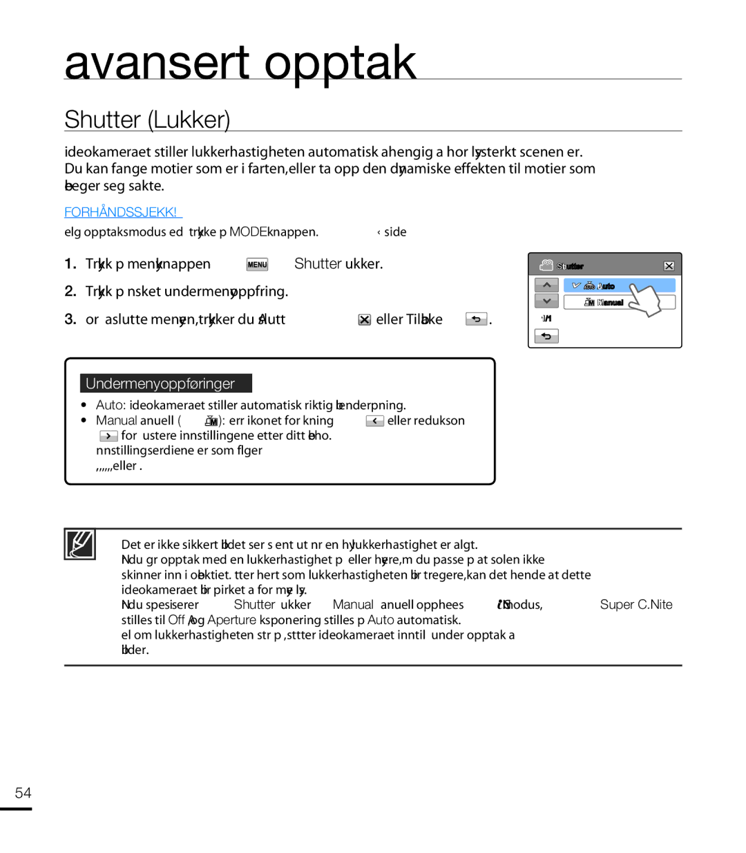 Samsung HMX-T10WP/EDC, HMX-T10BP/EDC manual Shutter Lukker 