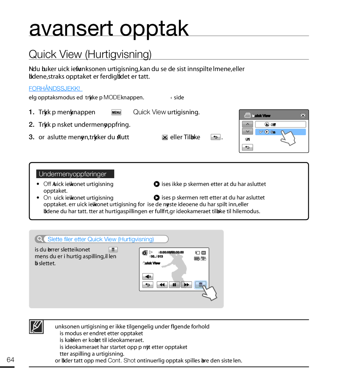 Samsung HMX-T10WP/EDC, HMX-T10BP/EDC manual Slette fi ler etter Quick View Hurtigvisning 