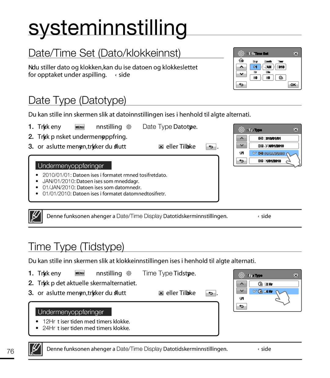 Samsung HMX-T10WP/EDC, HMX-T10BP/EDC manual Date/Time Set Dato/klokkeinnst, Date Type Datotype, Time Type Tidstype 