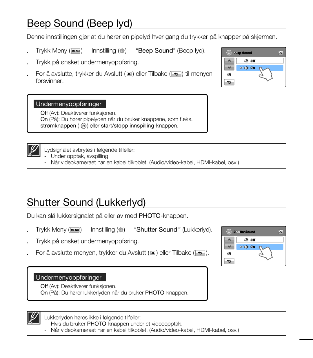 Samsung HMX-T10BP/EDC, HMX-T10WP/EDC manual Beep Sound Beep lyd, Shutter Sound Lukkerlyd 