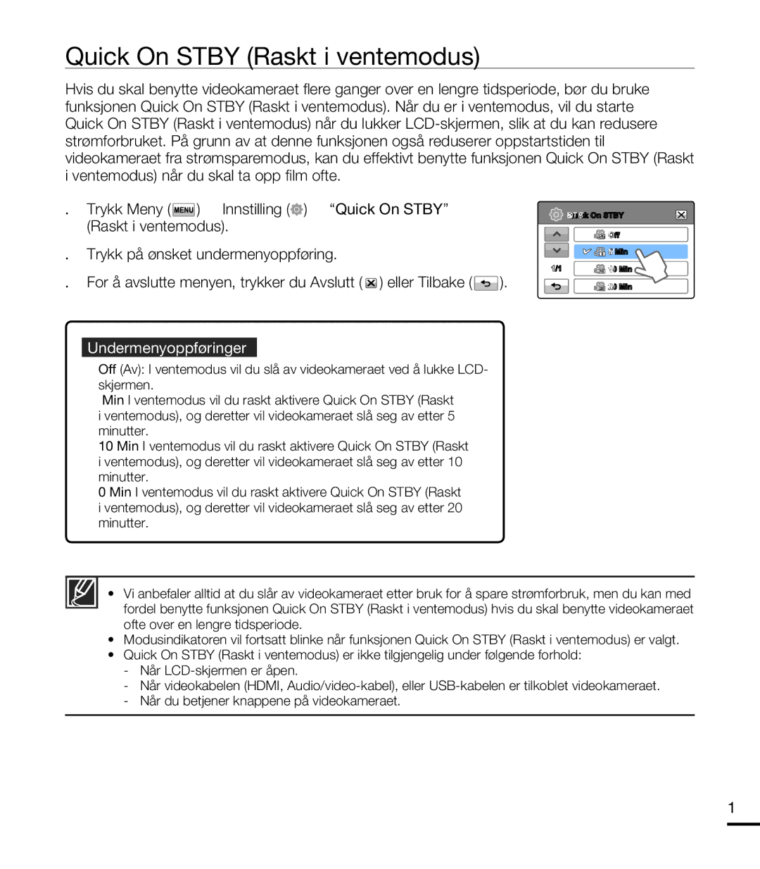 Samsung HMX-T10BP/EDC, HMX-T10WP/EDC manual Quick On Stby Raskt i ventemodus 