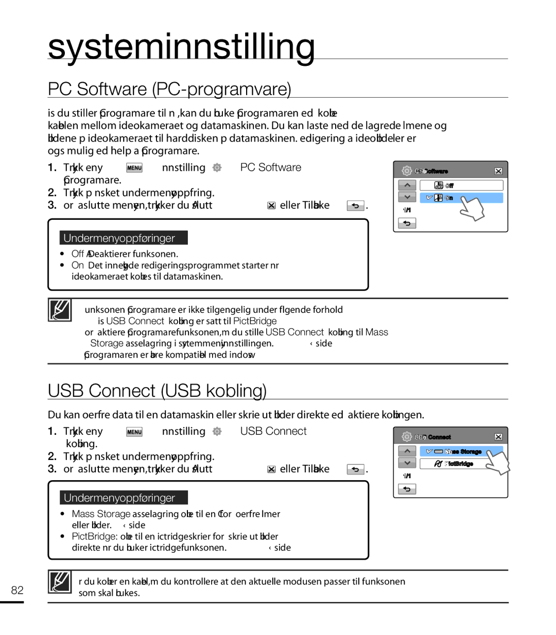 Samsung HMX-T10WP/EDC, HMX-T10BP/EDC manual PC Software PC-programvare, USB Connect USB kobling, Som skal brukes 