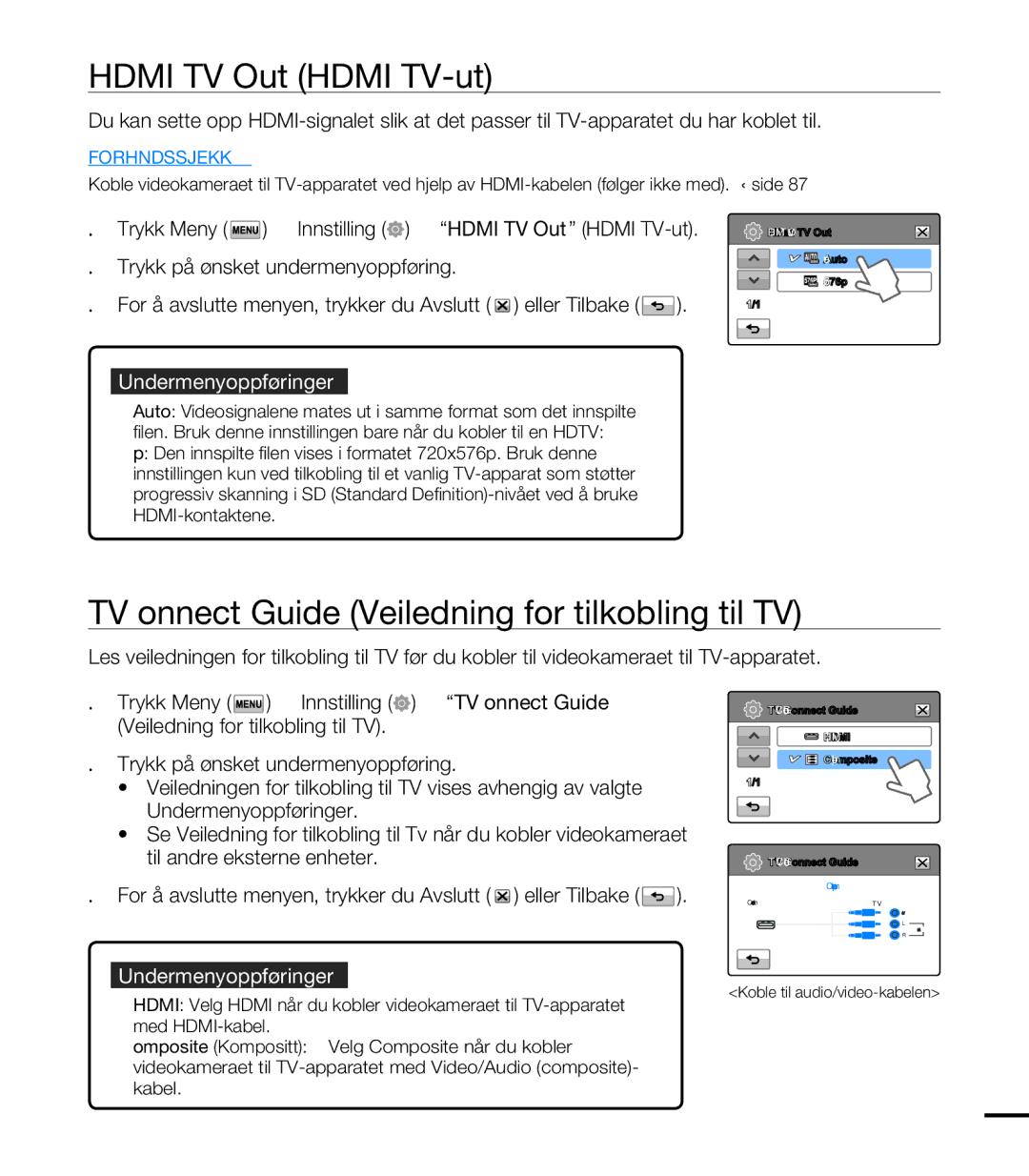 Samsung HMX-T10BP/EDC, HMX-T10WP/EDC manual Hdmi TV Out Hdmi TV-ut, TV Connect Guide Veiledning for tilkobling til TV 