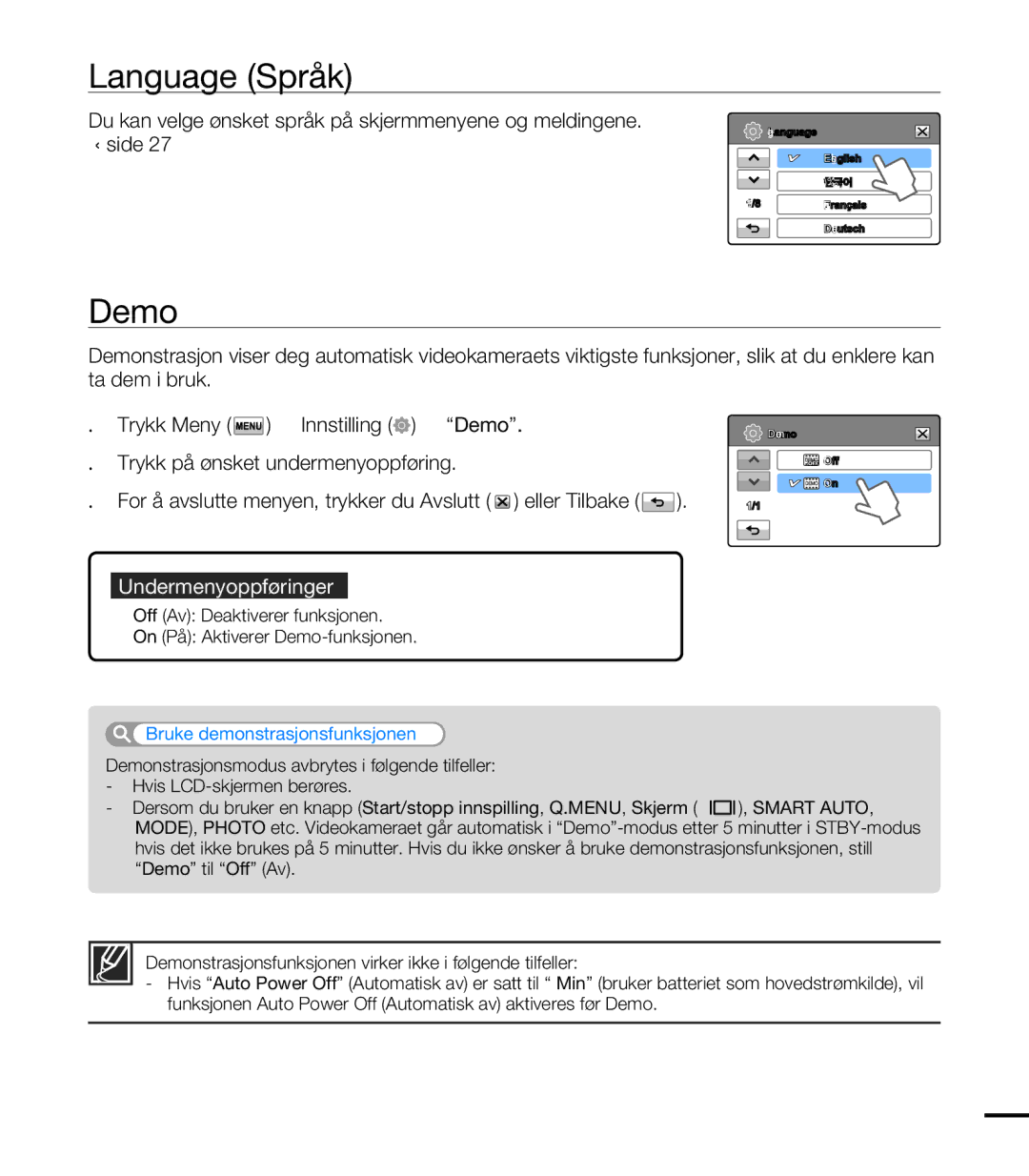 Samsung HMX-T10BP/EDC, HMX-T10WP/EDC manual Language Språk, Demo, Bruke demonstrasjonsfunksjonen 