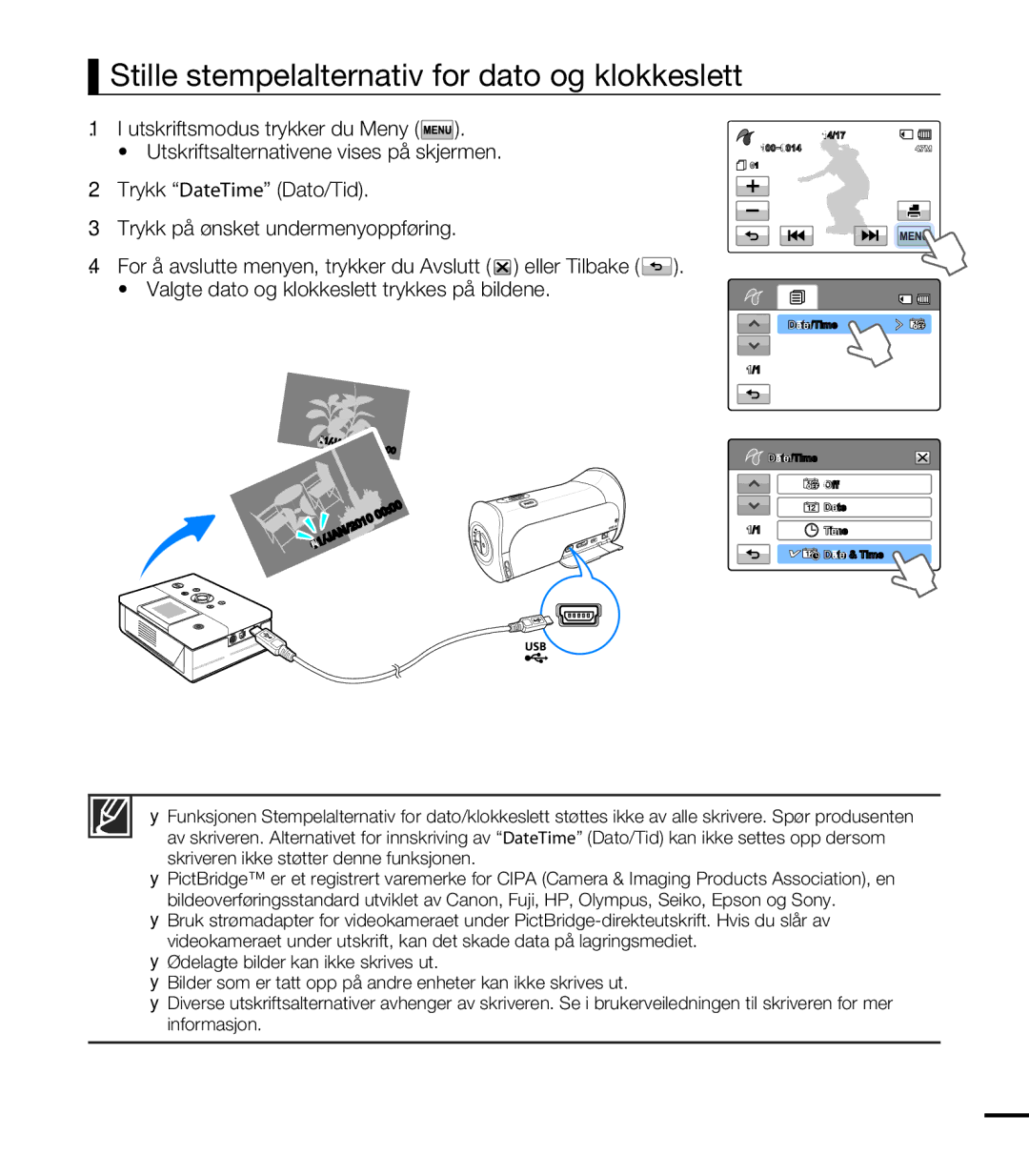 Samsung HMX-T10BP/EDC, HMX-T10WP/EDC manual Stille stempelalternativ for dato og klokkeslett 