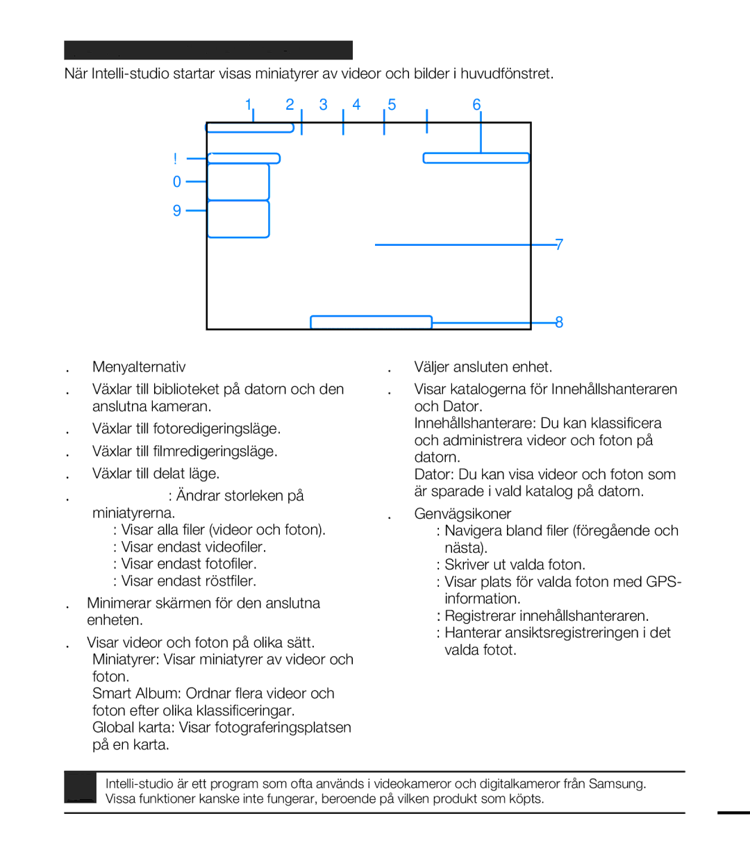 Samsung HMX-T10BP/EDC, HMX-T10WP/EDC manual Steg 2. Om huvudfönstret i Intelli-studio, 3 4 5 