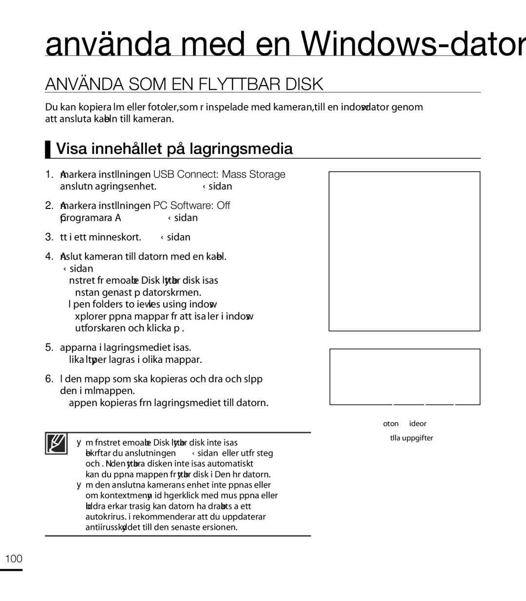 Samsung HMX-T10WP/EDC, HMX-T10BP/EDC manual Använda SOM EN Flyttbar Disk, Visa innehållet på lagringsmedia, 100 