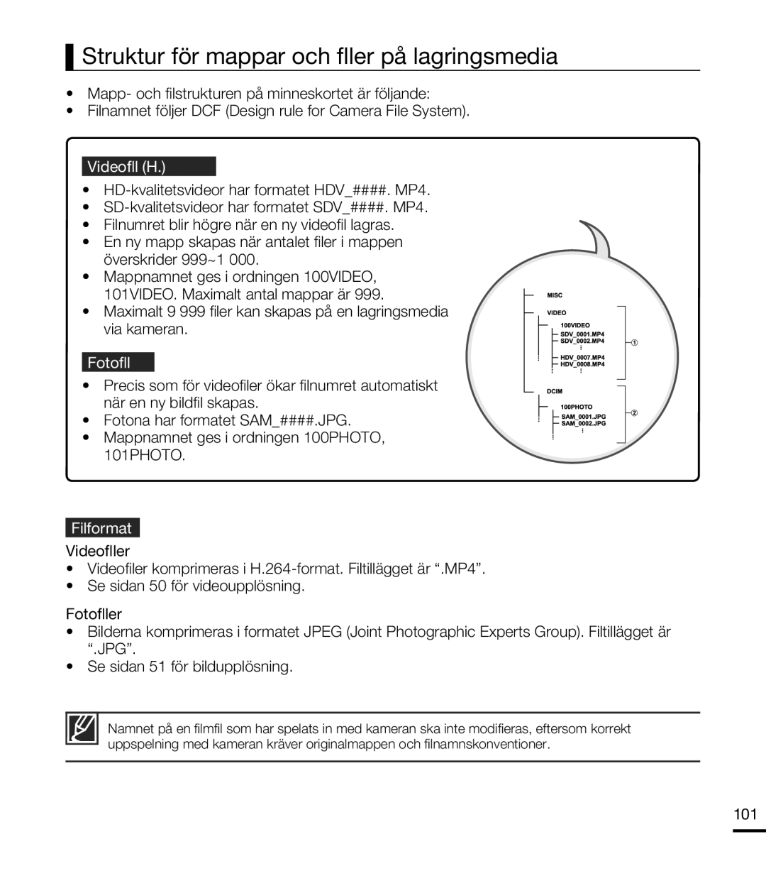 Samsung HMX-T10BP/EDC manual Struktur för mappar och filer på lagringsmedia, Videofil H.264 ➀, Fotofil ➁, Filformat, 101 