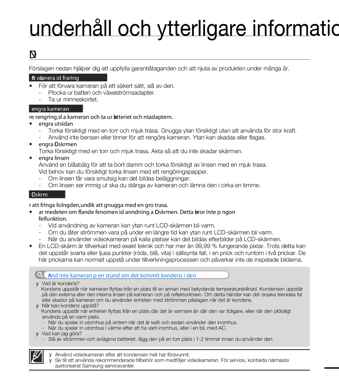 Samsung HMX-T10BP/EDC, HMX-T10WP/EDC manual Underhåll, 113, Använd inte kameran på en stund om det kommit kondens i den 