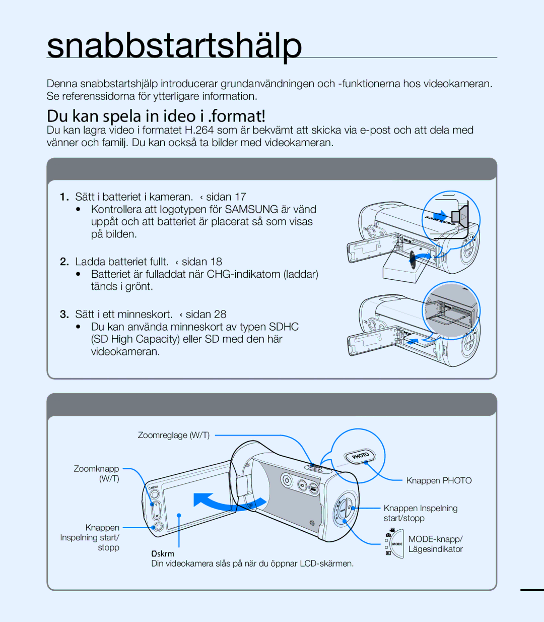 Samsung HMX-T10BP/EDC, HMX-T10WP/EDC manual Snabbstartshjälp, Du kan spela in video i H.264-format 