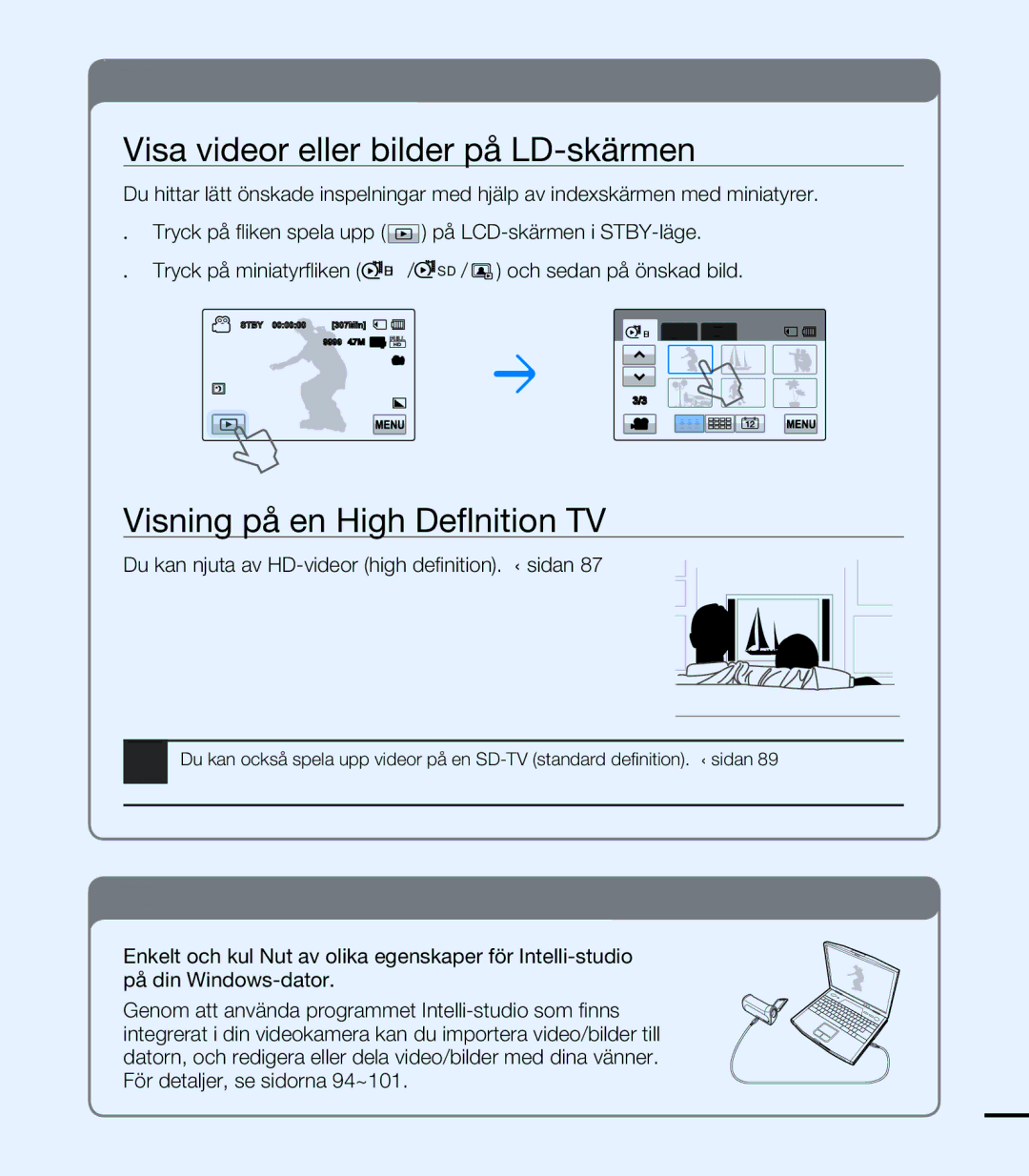 Samsung HMX-T10BP/EDC, HMX-T10WP/EDC manual Visa videor eller bilder på LCD-skärmen, Visning på en High Definition TV 