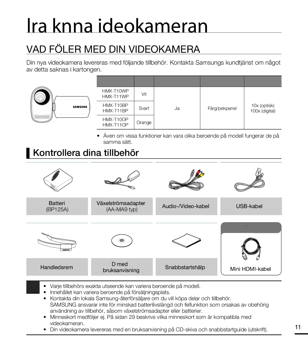 Samsung HMX-T10BP/EDC, HMX-T10WP/EDC Lära känna videokameran, VAD Följer MED DIN Videokamera, Kontrollera dina tillbehör 