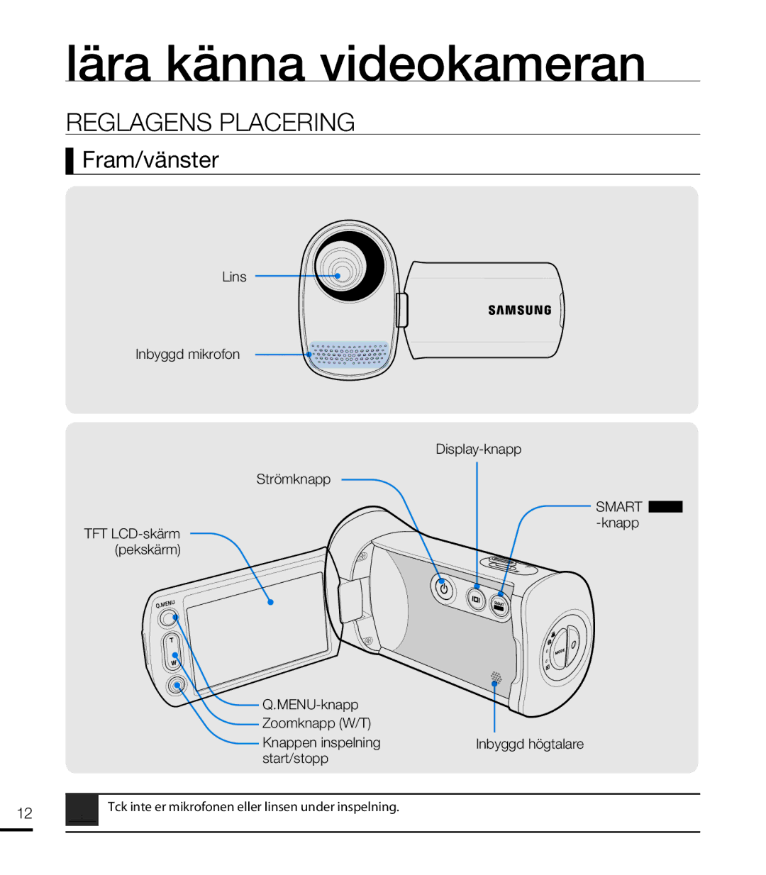 Samsung HMX-T10WP/EDC, HMX-T10BP/EDC manual Reglagens Placering, Fram/vänster 