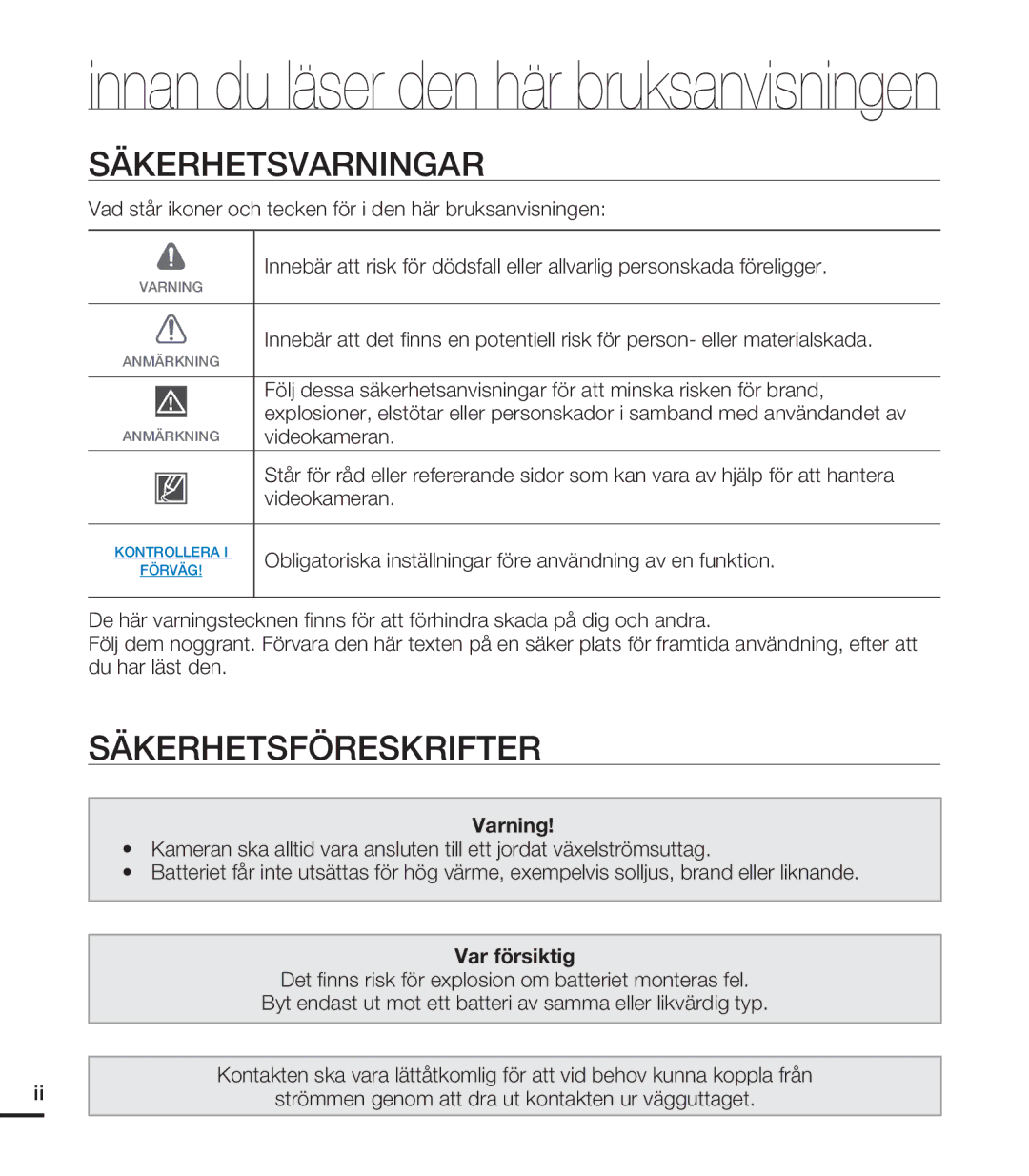 Samsung HMX-T10WP/EDC, HMX-T10BP/EDC manual Säkerhetsvarningar, Säkerhetsföreskrifter, Videokameran 