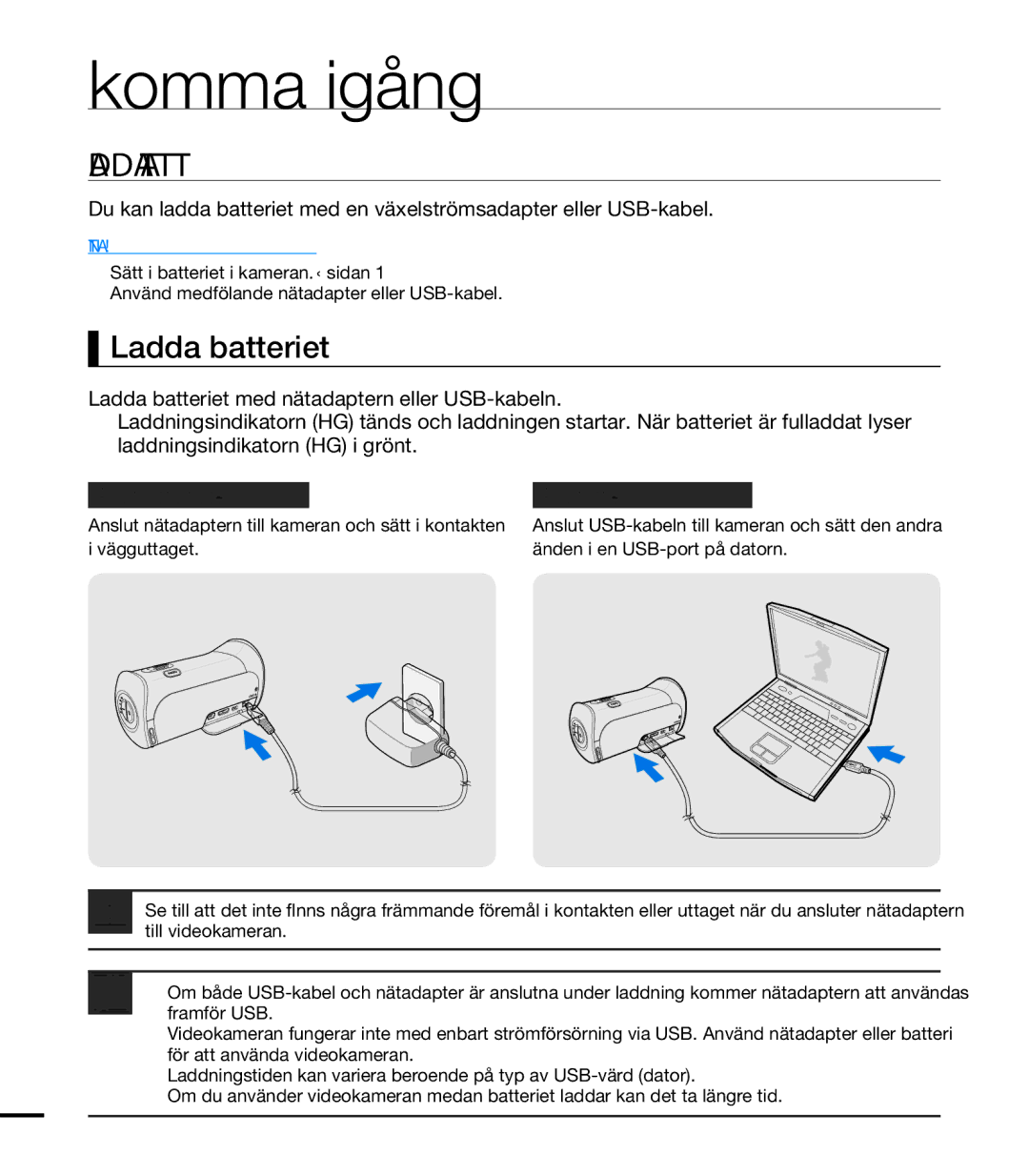 Samsung HMX-T10WP/EDC, HMX-T10BP/EDC manual Ladda Batteriet, Ladda batteriet, Använda nätadaptern Använda USB-kabeln 