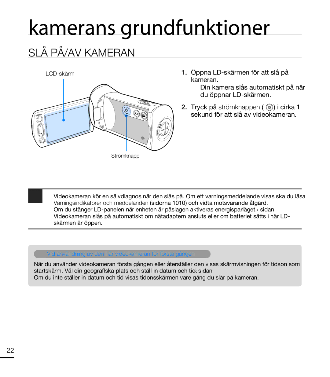 Samsung HMX-T10WP/EDC, HMX-T10BP/EDC manual Kamerans grundfunktioner, SLÅ PÅ/AV Kameran 