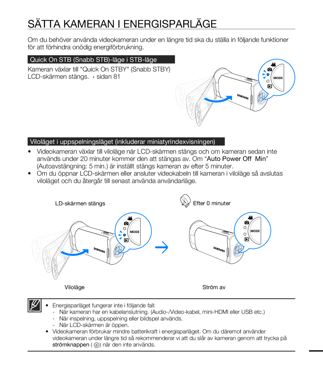 Samsung HMX-T10BP/EDC, HMX-T10WP/EDC manual Sätta Kameran I Energisparläge 