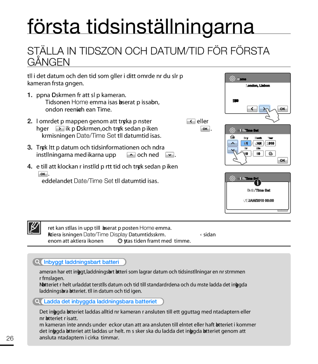 Samsung HMX-T10WP/EDC, HMX-T10BP/EDC manual Första tidsinställningarna, Ställa in Tidszon OCH DATUM/TID FÖR Första Gången 